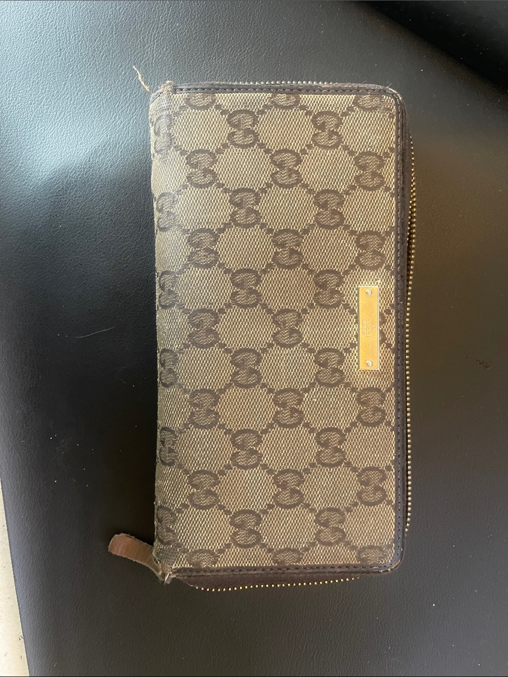 Gucci Brown Beige Monogram Zip Around Wallet